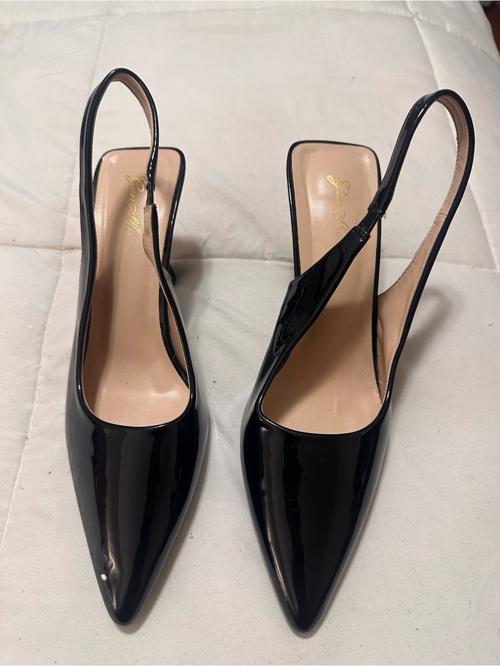 Black Patent Pointed Slingback Heels with Elegant Strap